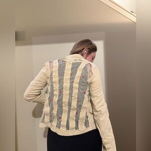 Upcycled tan jean jacket with floral lace size S